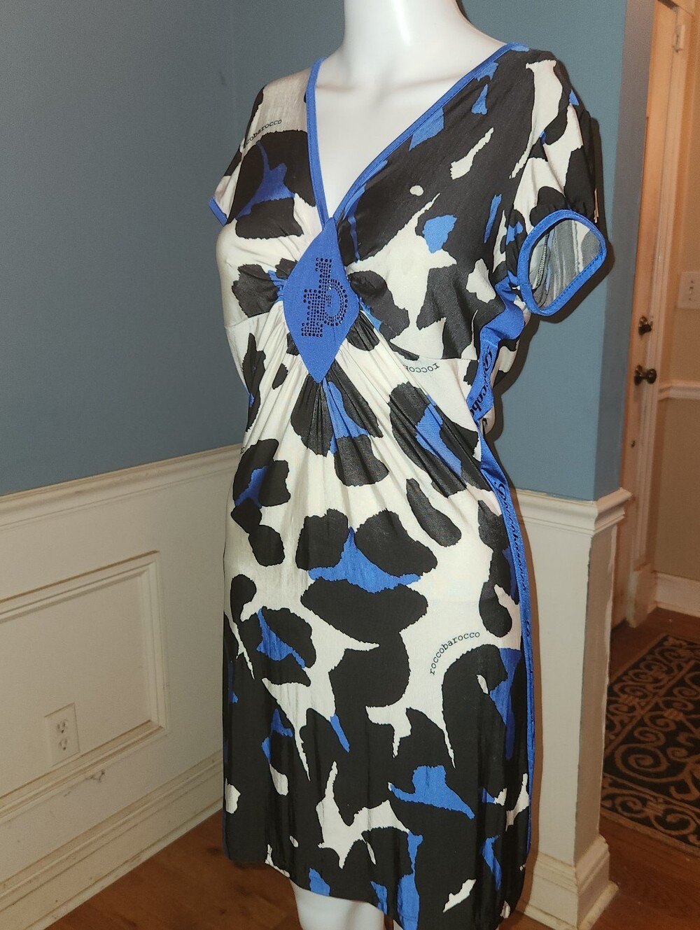 Roberto Cavalli Rocco Barraco Blue Black White Abstract Print V-Neck Dress
